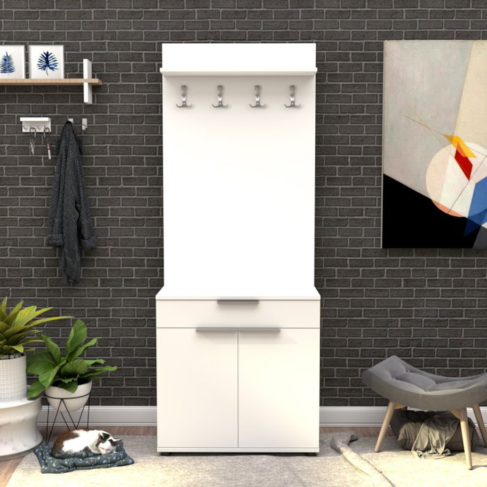 Hanah Home Soporte de Pasillo Blanco con Cajón y Estantes Hanah Home Soporte de Pasillo Blanco con Cajón y Estantes